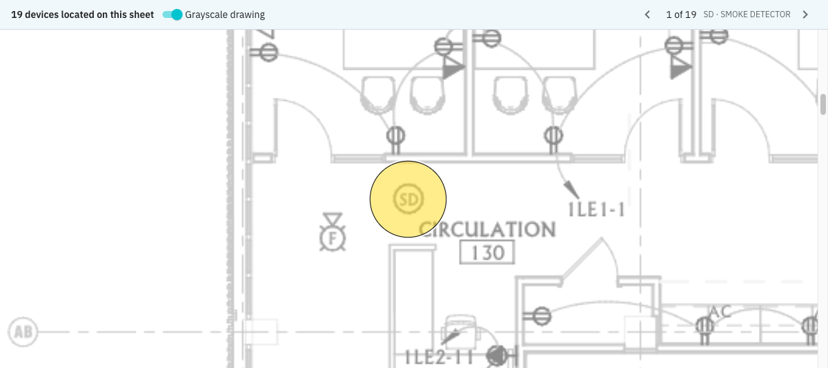 Uncropped actual application capture: toolbar reading 19 devices located on this sheet, grayscale drawing on, 1 of 19 SD smoke detector, with the detector near Circulation 130 highlighted in yellow.